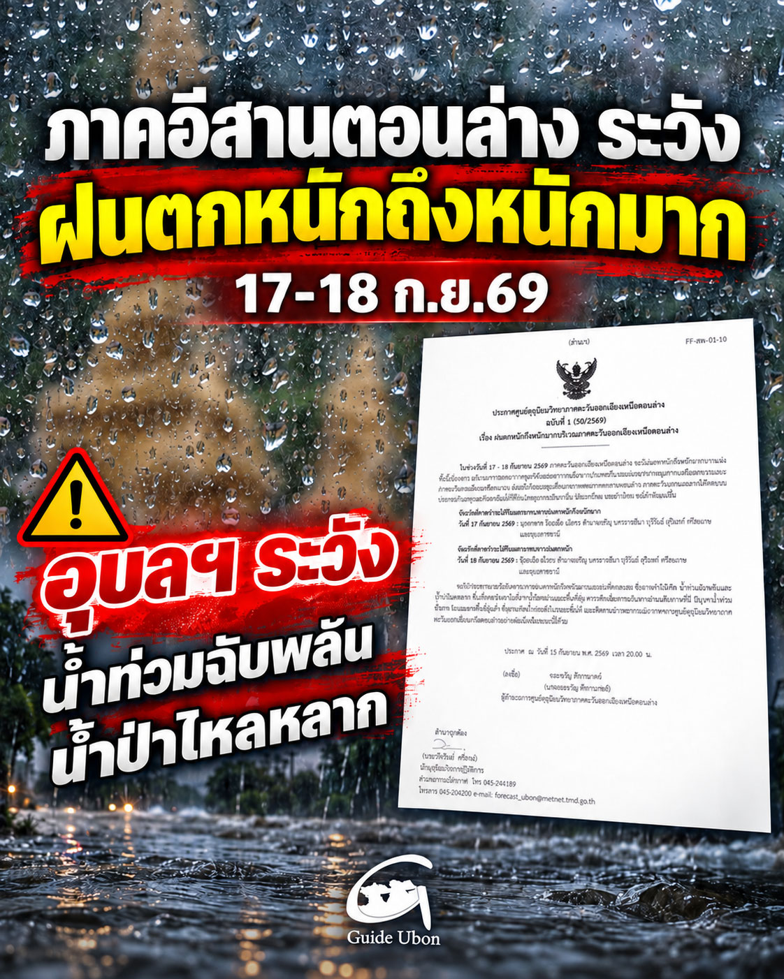 ภาคอีสานตอนล่าง ระวัง ฝนตกหนักถึงหนักมาก 17-18 ก.ย.69