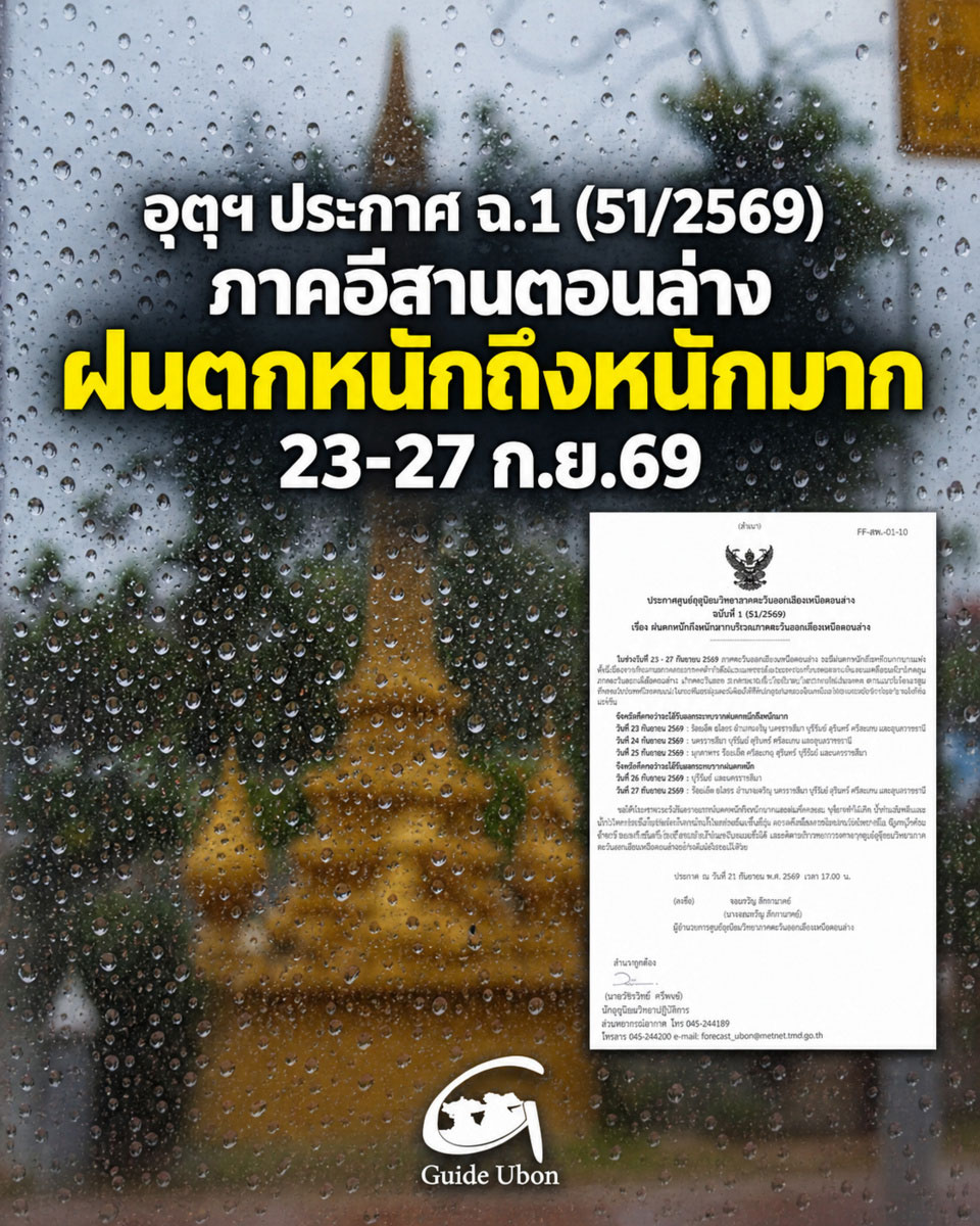อุตุฯ เตือนภาคอีสานตอนล่าง ฝนตกหนักถึงหนักมาก 23-27 ก.ย.69