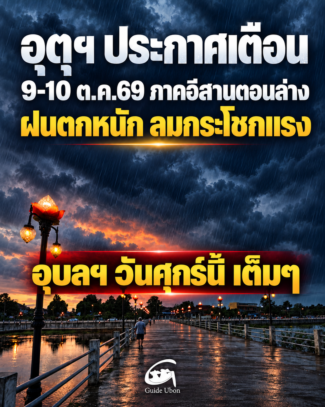 อุตุฯ เตือน 9-10 ต.ค.69 ภาคอีสานตอนล่าง ฝนตกหนัก ลมกระโชกแรง